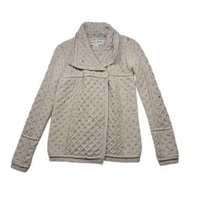 Aran Mor Sweater Cardigan Women's Small Beige 100% Merino Wool Chunky Ireland